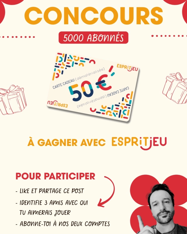 🎲 Concours du mois 🎲

Pour fêter (avec un peu de retard) les 5000 abonnés sur Instagram et les 1 an du site www.mr-boardgames.com 🎂

👉 Pour participer, rien de plus simple :
1️ - Likez ce post
2️ - Abonnez-vous aux comptes @mr_boardgames_com et @espritjeu 
3️ - Identifiez en commentaire 3 amis avec qui vous aimeriez jouer

💡 N’hésitez pas à partager ce post en story si vous le souhaitez.

📍 Concours réservé aux particuliers résidant en France métropolitaine et en Belgique.

📅 Tirage au sort des gagnant·e·s en octobre.

⚠️ Ce concours n’est ni géré ni sponsorisé par Instagram.