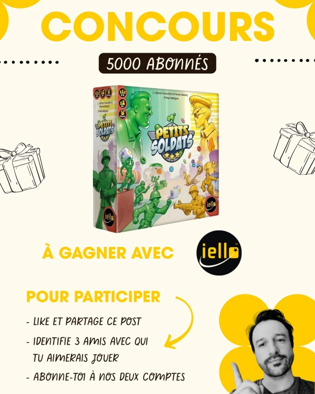 🎲 Concours du mois 🎲

Pour fêter (avec un peu de retard) les 5000 abonnés sur Instagram et les 1 an du site www.mr-boardgames.com 🎂

👉 Pour participer, rien de plus simple :
1️ - Likez ce post
2️ - Abonnez-vous aux comptes @mr_boardgames_com et @iello_fr 
3️ - Identifiez en commentaire 3 amis avec qui vous aimeriez jouer

💡 N’hésitez pas à partager ce post en story ça fait toujours plaisir.

📍 Concours réservé aux particuliers résidant en France métropolitaine et en Belgique.

📅 Tirage au sort du gagnant en octobre.

⚠️ Ce concours n’est ni géré ni sponsorisé par Instagram.

#boardgame #boardgamer #jeudesociete #jeuxdesociété #jeudeplateau #j2s #bgg #bggcommunity #boardgamegeek #jeux #jds #tabletop #juegodemesa #brettspiele #concours